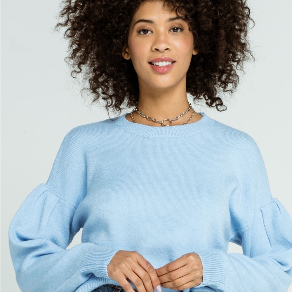 Woven Heart Blue Crew Neck Sweater with Balloon Sleeves